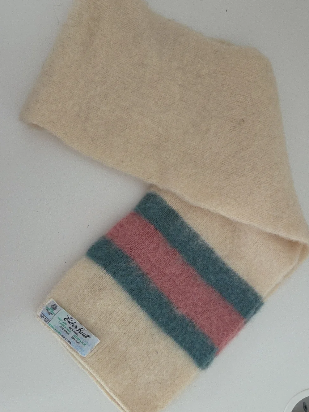 Vintage Eider Knit Cream Wool Scarf with Blue-Green and Dusty Pink Stripes